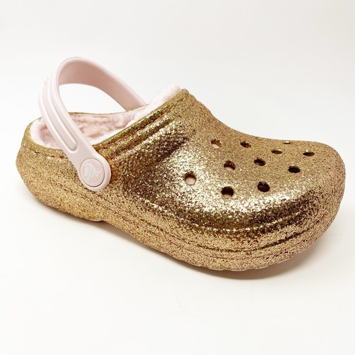 Crocs Kids Classic Lined Chunky Glitter Clog Girls C12 Gold Glitter Pink Sparkly - Picture 3 of 19