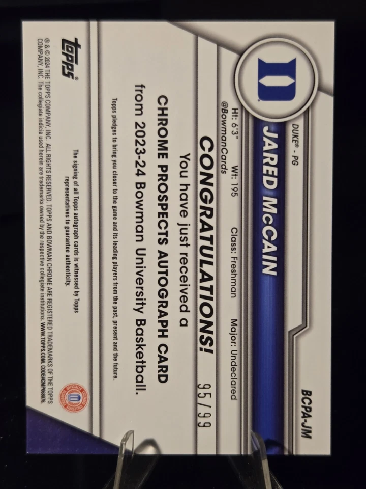 2023 - 24 年鲍曼大学镀铬 - Chrome Prospect 亲笔签名 Jared McCain... — 第 2/2 张图片