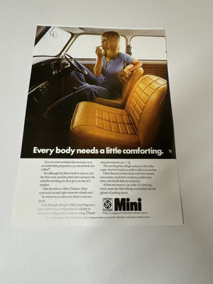 Neuer Druck klassischer Mini Clubman Sitze Zeitschrift Werbung Wandbild Männerhöhle