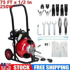 Drain Cleaner Machine Electric Drain Auger 75 FT x 1/2 In Auto Feed w/ 8 Cutters