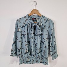 YUMI Bird Print Neck Tie Top Blouse Party UK Size M 12 Blue Turquoise