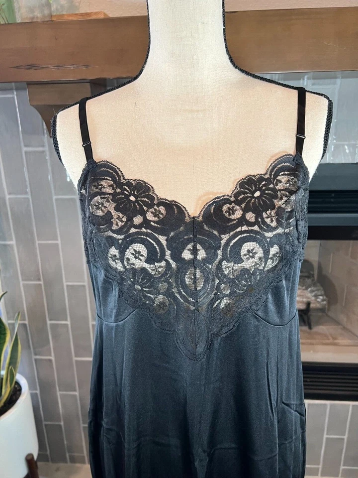 Maxi Vestido sin Mangas Lencería Nordstrom Vintage Camisón Largo Negro Nylon Encaje a148 Foto 2 de 4