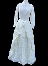 Vtg 50s Wedding Dress Open Front Lace Tiers Cream Ivory Sequin 24  Waist S Belle
