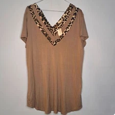 NWT Vision USA Blouse XL Leopard Trim Tan Free Flowing V-Neck New