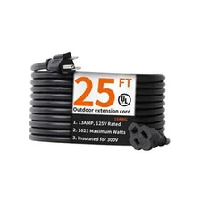 25 Feet Outdoor Extension Cord Waterproof Deep Black 16 AWG 3 Prong, 25 FT