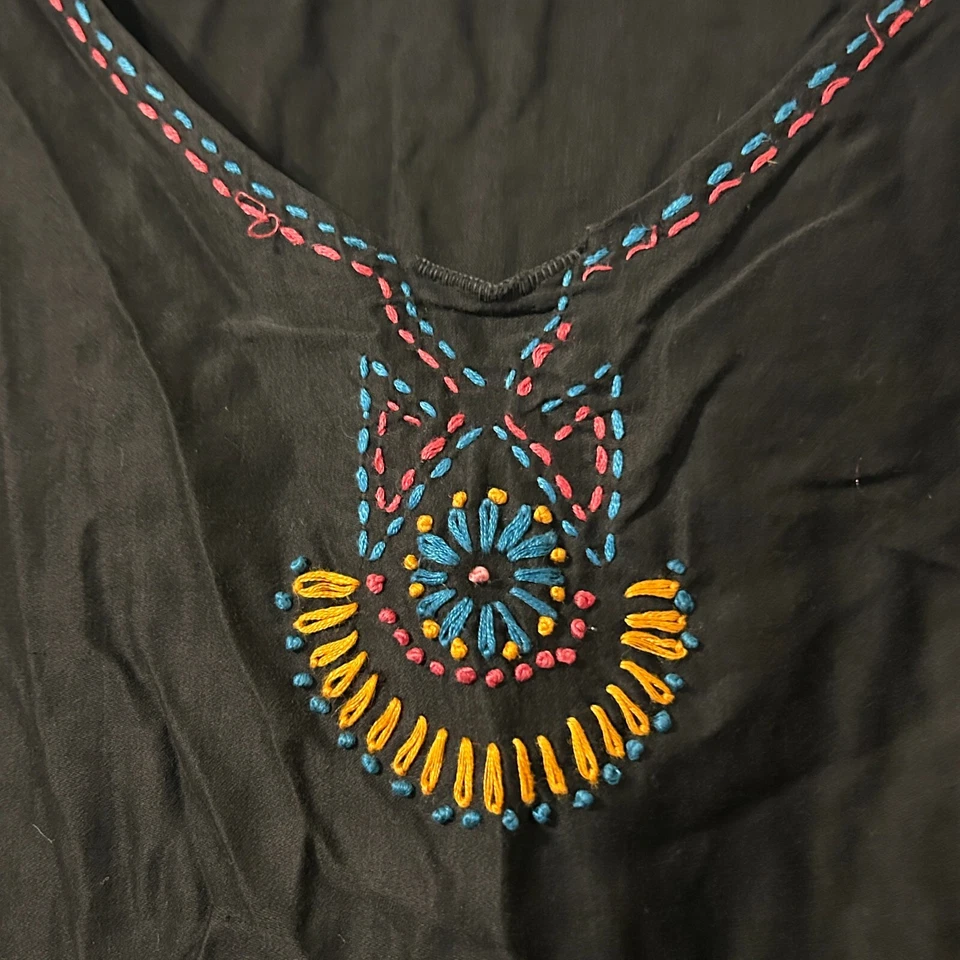 Antiguo Vestido Vintage Años 20 Art Deco Bordado Negro Algodón XL Bolsillos Volup Foto 2 de 4