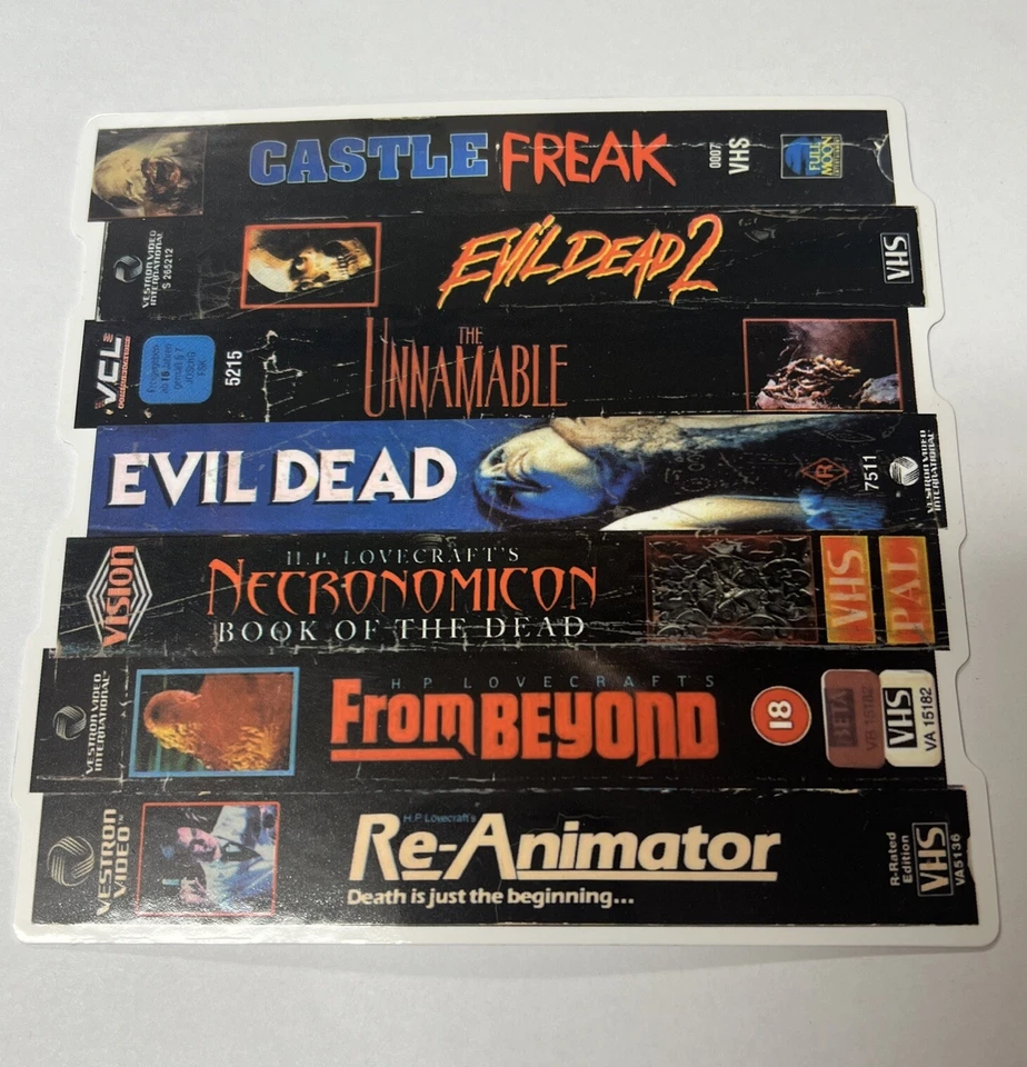 Set Of 2 1980s Horror VHS Stack Sticker Halloween Evil Dead HP Lovecraft Shinin - Image 3 of 4