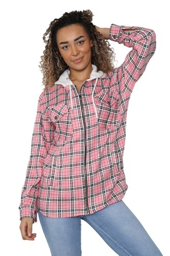 Ladies Hooded Check Baggy Long Sleeve Shacket Top Womens Shirt Blouse Jacket - Picture 4 of 6