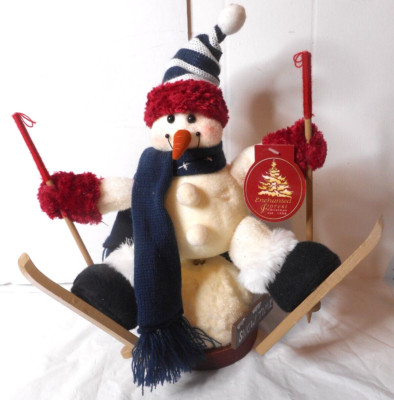 Enchanted Forest Tabletop Cloth Crafted Skier Carrot Nose Snowman 13'' Poles Ski