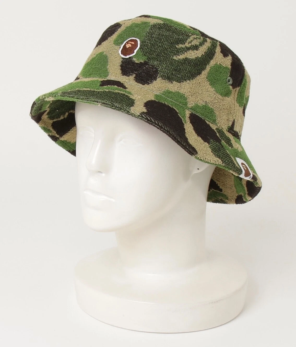 A BATHING APE (BAPE) Autentico cappello a secchiello jacquard pile mimetico bape abc verde L nuovo