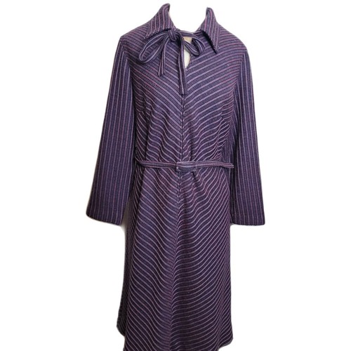 Vintage Shirt Dress Amy Adams Stripe Belted Tie Neck Collared Purple Black 60s - Picture 1 of 9
