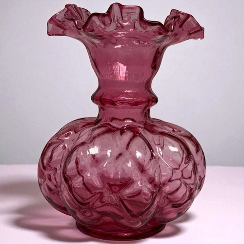 Vintage Fenton Glass Cranberry Ruffled Melon Vase Diamond Optic Ruffled Top 7.5"