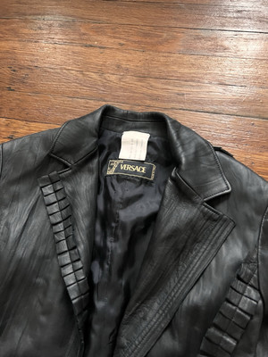 Vintage 90s Gianni Versace Womens Fringe Leather Moto Blazer