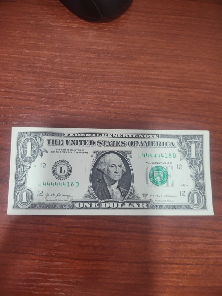 2017A $1 One Dollar Bill Note Fancy Serial Number L44444418D NEAR SOLID 4'S - Image 4 of 4