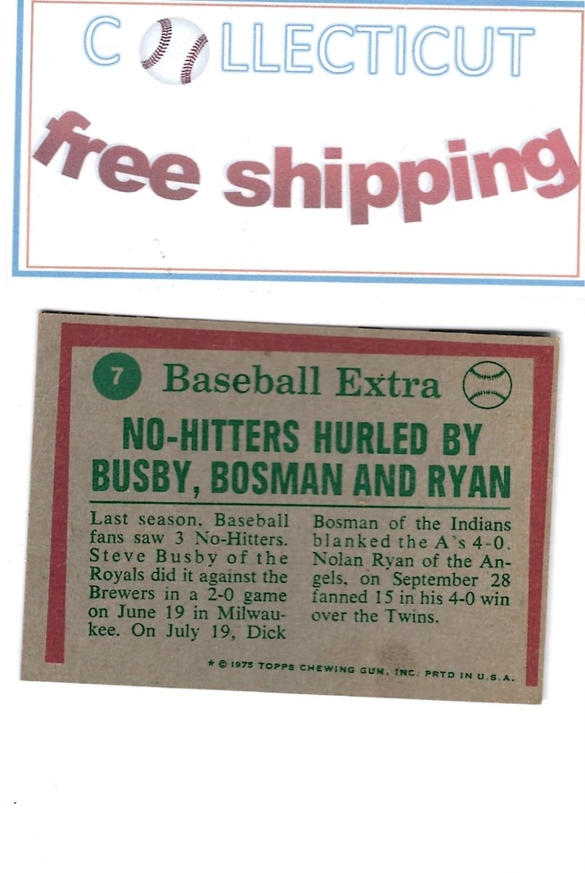 1975 Topps Mini - '74 Основные моменты Нолан Райан, Дик Босман, Стив Басби #7⚾ EX-NM✨ - Изображение 2 из 2