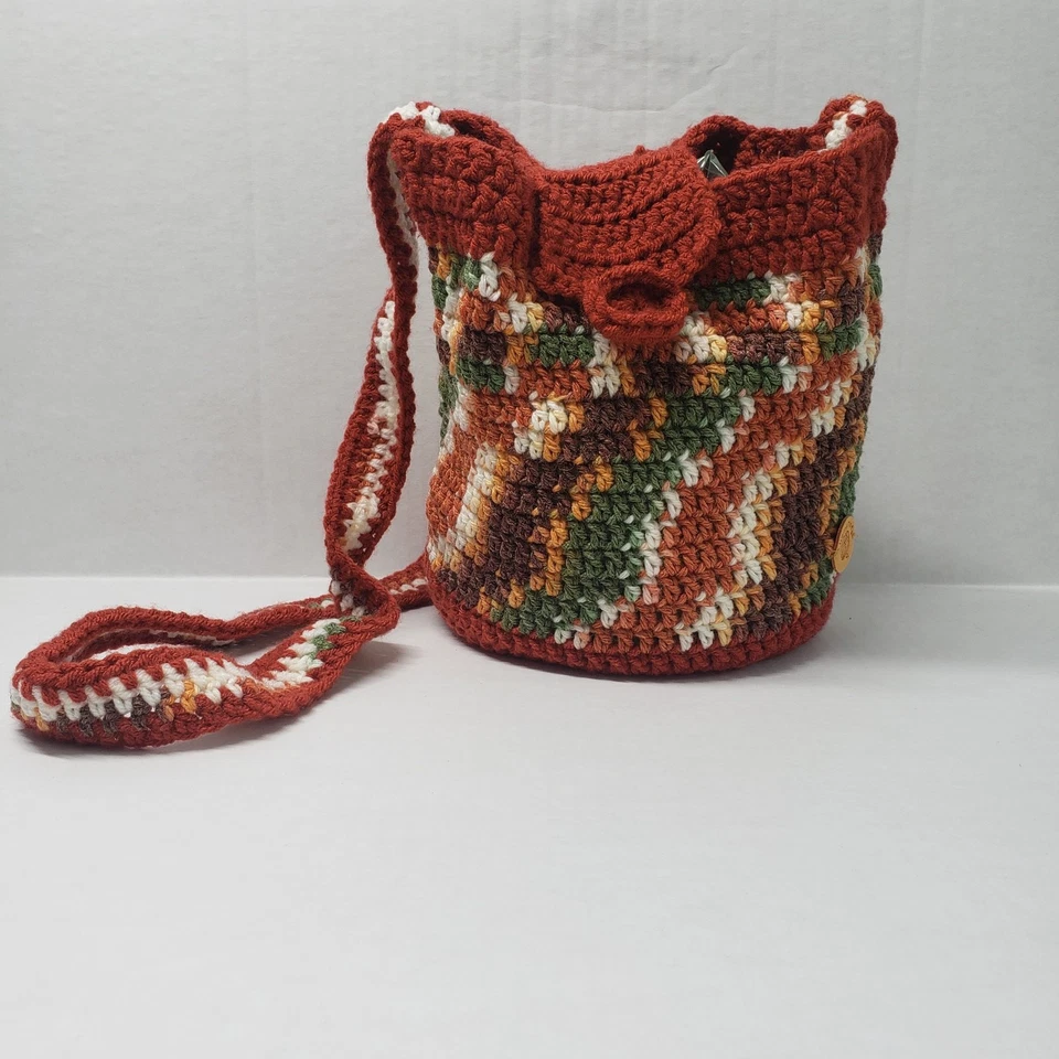 Bandolera Bolso Cubo a Rayas Crochet Marrón Pequeño Hombro Hecho a Mano Hada Otoño Foto 3 de 4
