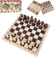 Wooden Chess, Checker, and Backgammon 3 in 1 Board Game Set,Classic Traditional