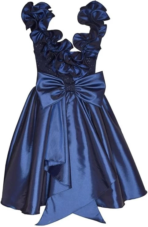 NEW Bonnie Jean Girls Taffeta Bow Back Dress Size 8 Ruffle Navy Glitter Bodice - Image 2 of 2
