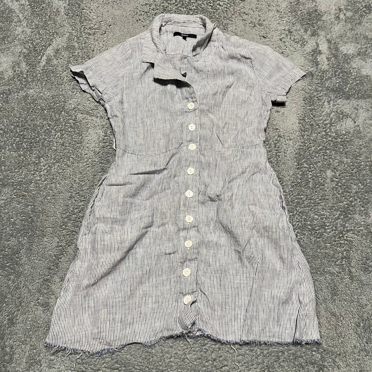 Quince Dress Womens Small Linen Button Front Dress Blue Pinstripe