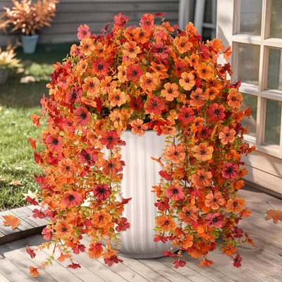 Flores Artificiales Otono 2Piezas Colgantes Exterior Resistentes UV Naranja Rojo