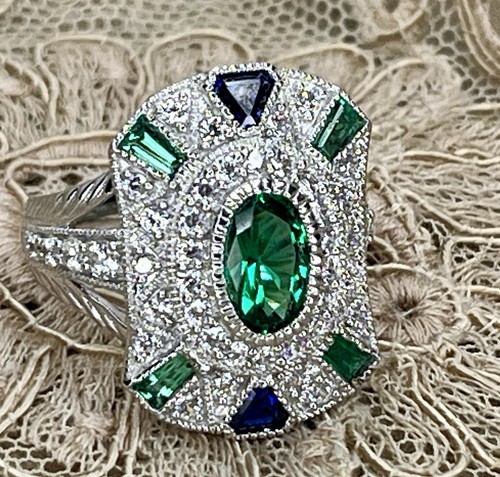 Vintage Art Deco Emerald & Blue Sapphire Diamond Cocktail Ring Size 5 - Picture 7 of 8