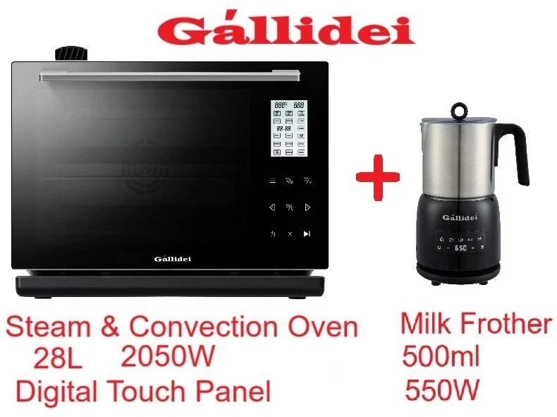 GALLIDEI 28L Steam Convection Rotisserie + 500ml Milk Frother 550W Coffee Maker