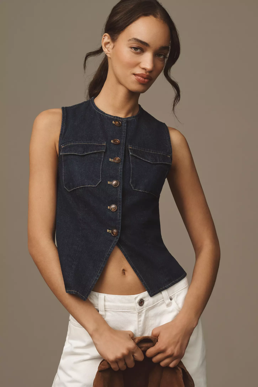 EUC MARE by Anthropologie Denim Vest Top Button Front Sleeveless Utility Small