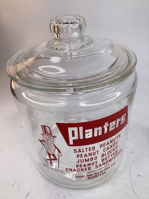 Vtg 1950's Planters Mr. Peanut Glass Apothecary General Store Jar w/lid (G2)