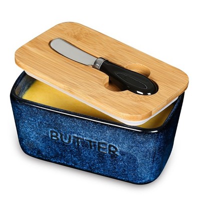 Vicrays Porcelain Airtight Lid Butter Container Knife - Large Blue Butter