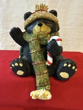 Black Bear Stocking Hanger, Wearing Glittered Red Hat and Green Scarf
