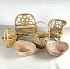 Rattan Wicker Vtg Doll Furniture & Baskets 1960s-70s Barbie Size Sofa Chair 6 pc
