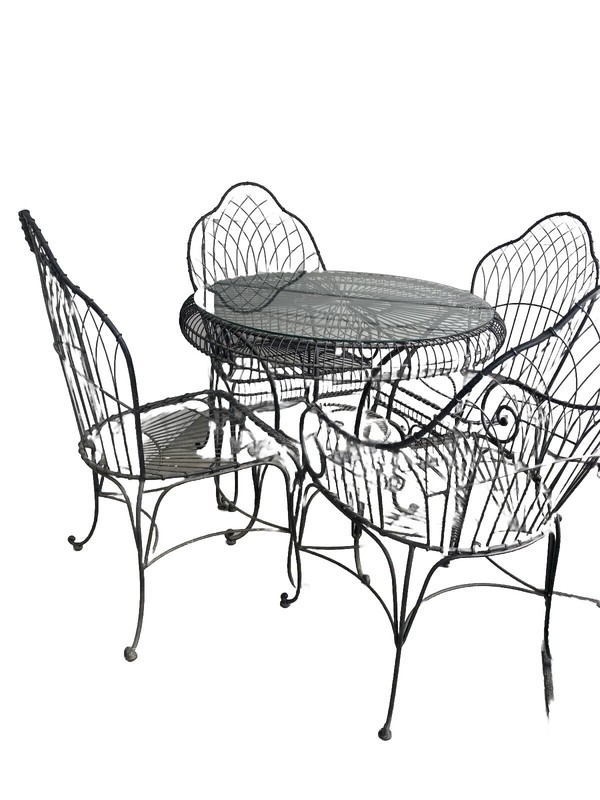 Vintage French iron patio table and 4 chairs MCM Designer