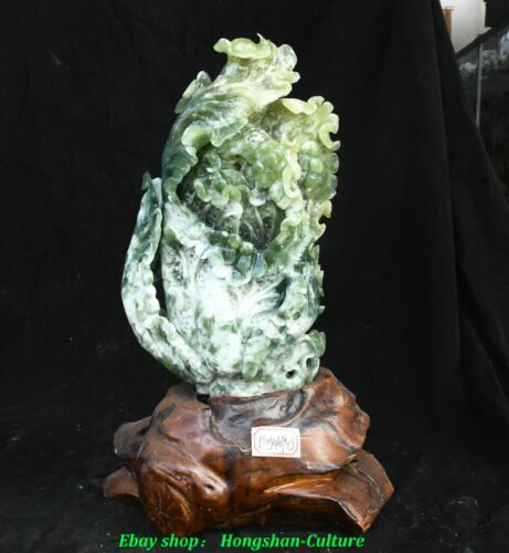 17.3'' Chinese Natural Green Xiu Jade Cabbage Baicai Bai Cai Money Coin Statue