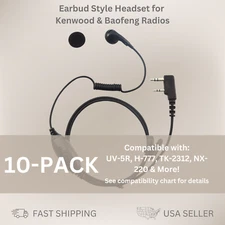 10x Single Earbud PTT Headset for Kenwood Baofeng 2-Pin Portable Radios TK-3107