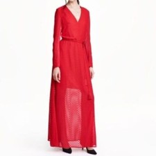 H&M Red Swiss Dot Sheer Long Sleeve Faux Wrap Maxi Dress Tassel Size 2