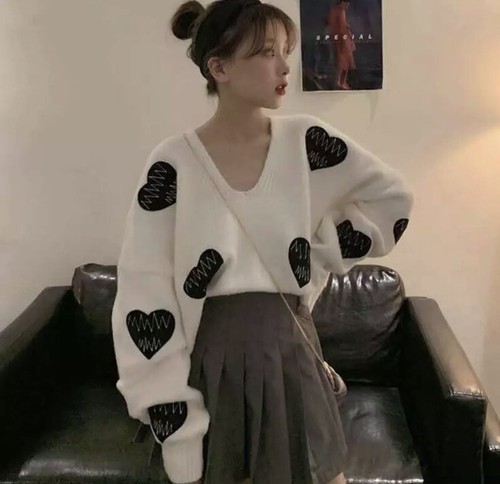 Corazón Suéter Parche Bordado Blanco Cuello en V Manga Larga Mujer harajuku - Imagen 6 de 10