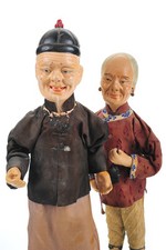 Chinese Older Man & Woman Pair 14" Dolls w/Silk clothes c.1920s
