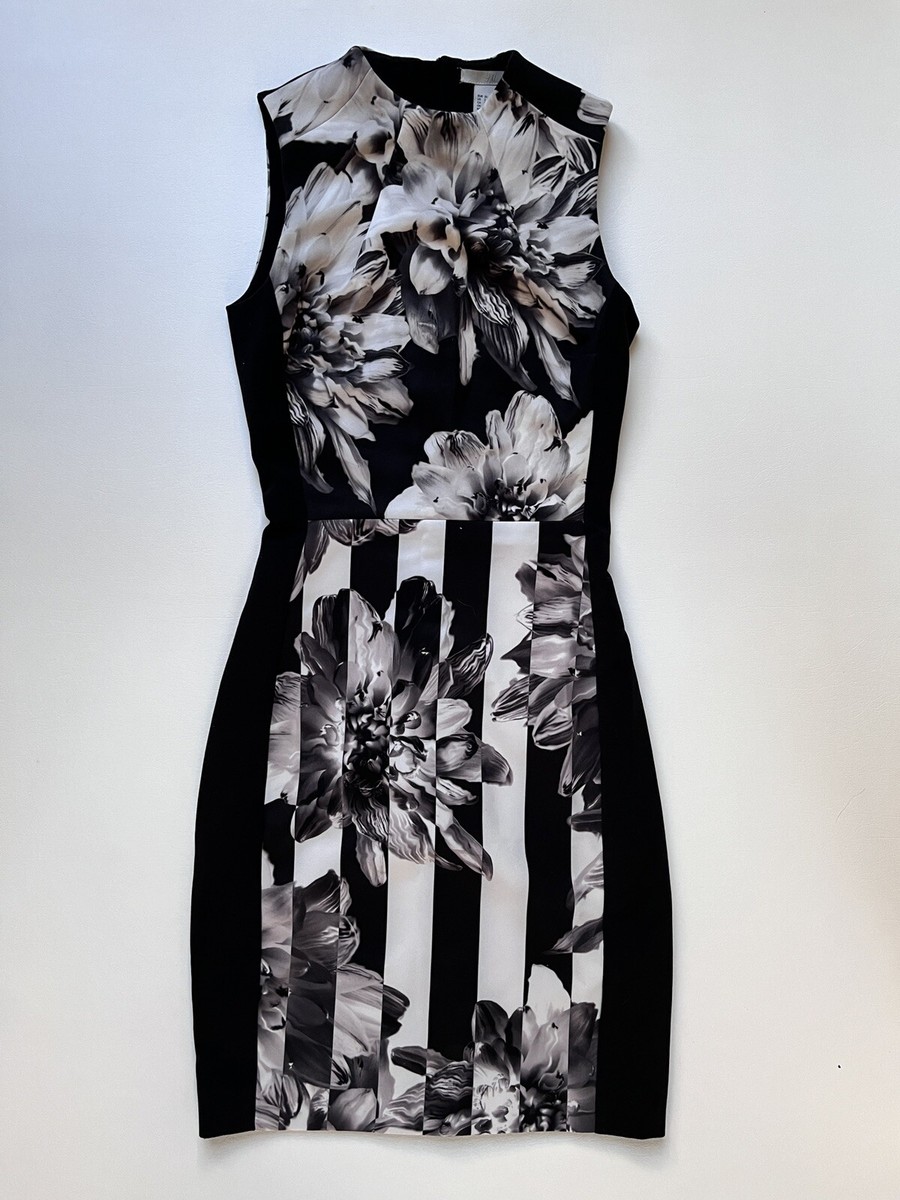 knee length dress h&m Floral Pattern Women's Size 2 Black & White Sleeveless Knee-Length Cocktail dress with