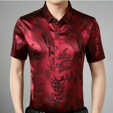 Men Faux Silk Blouse Satin Shirt Dragon Business Formal Short Sleeve Tops Casual