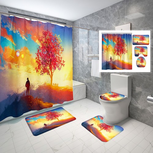 Sun Snow Mountain Shower Curtain Non-Slip Bath Mat Toilet Lid Cover Bathroom Rug - Picture 18 of 41