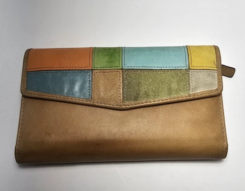 Vintage FOSSIL Patchwork Leather MultiColor Bifold Wallet Address Book/Checkbook