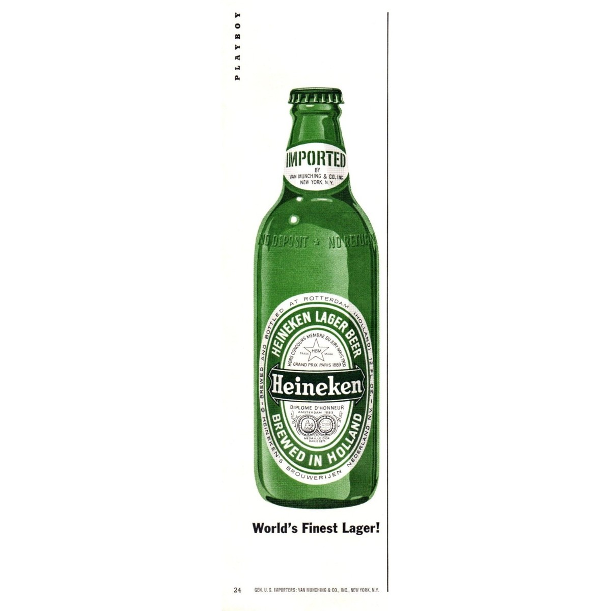 1963 Heineken Beer Green Bottle Vintage Print Ad Holland Lager