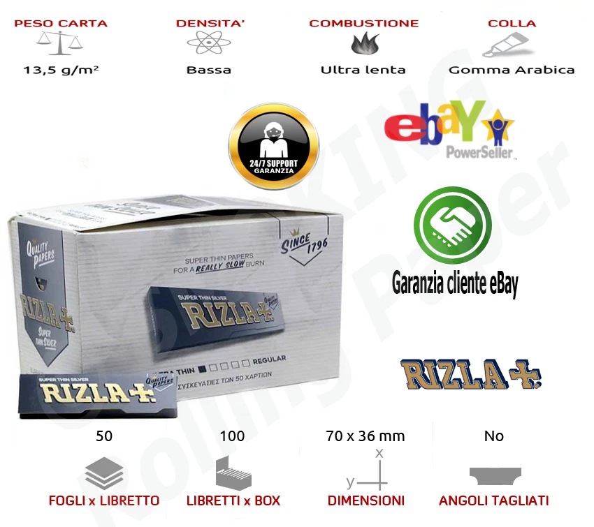 Cartine RIzla Silver Corte Argento Grigie Regol Ultra Sotile Tipo B 100  Libretti