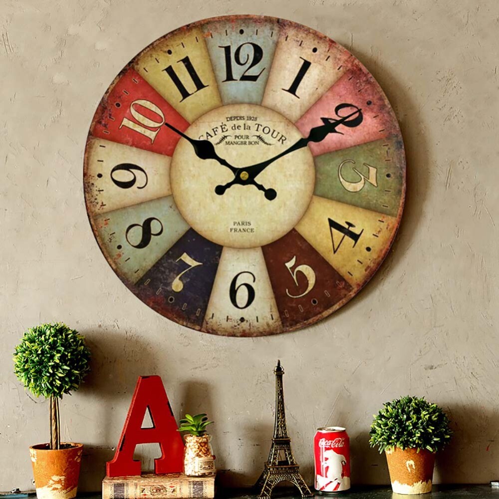 Large Wall Clock Colourful Retro Vintage Rustic Home Round Clock Large ...