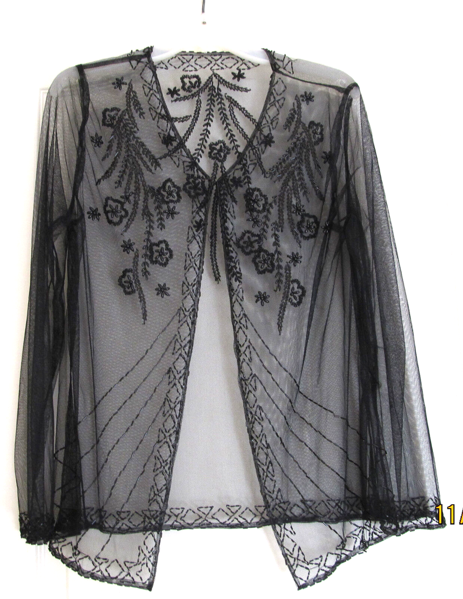 V Neck Black Shrug Net NWOT Black Beaded Tulle Net Long
