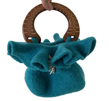 Handmade Felted Wool Handbag Purse Wood Handle Turquoise Blue Ruffle Artsy 