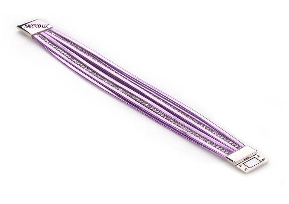 BLING PULSERA DE IMITACIÓN DE CUERO Y DIAMANTES DE IMITACIÓN MULTICAPA PÚRPURA METÁLICO-7-8 pulgadas Foto 4 de 4