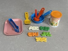 1980s Fisher Price Fun With Food Containers Lot Alphabet Soup W/ Pans Utensils