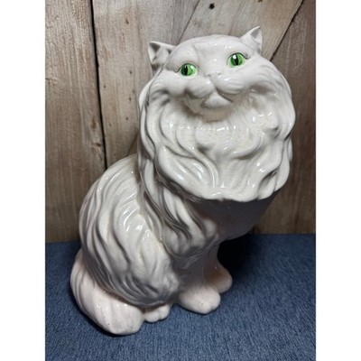 Vintage 1980 MCM Persian Large White Ceramic Cat  Green Eyes Sitting Statue 14 