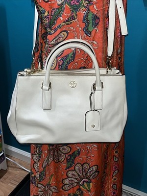 TORY BURCH Handbag White Leather Robinson Double Zip Satchel Bag